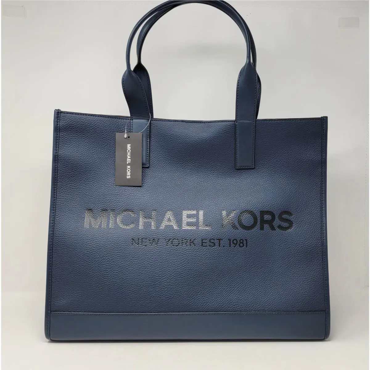 Michael Kors Cooper Men MK Logo Embossed Structured Pebble Leather Navy Tote