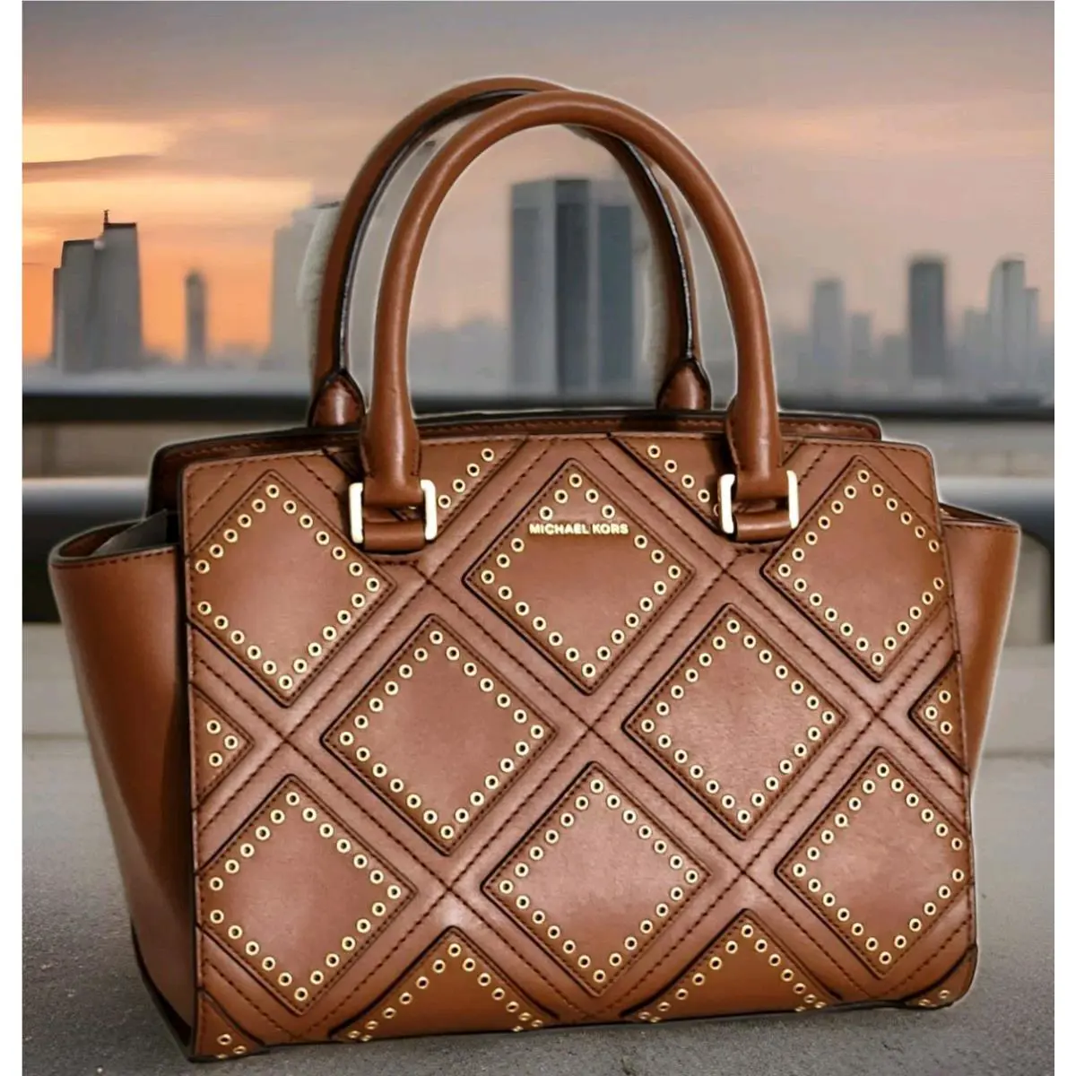 Mchael Kors Selma Luggage Gold Diamond Grommet Leather Satchel X-body Bag