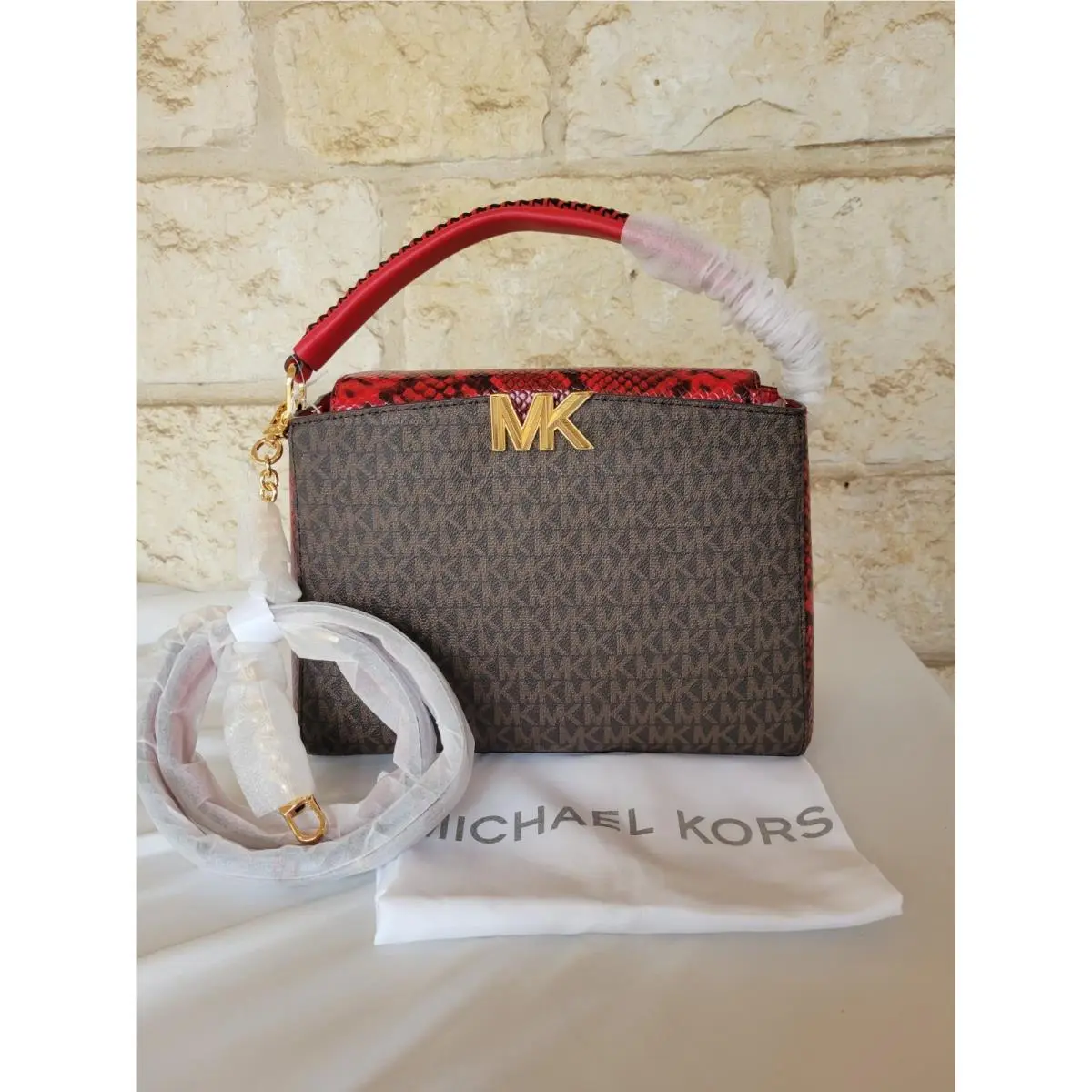Michael Kors Karlie Satchel Medium Crimson Embossed Leather Brown Logo Rare