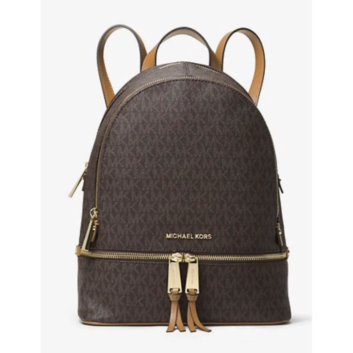 Michael Kors Rhea Zip MD Backpack Brown Gold Hardware Pvc -genuine Leather￼￼