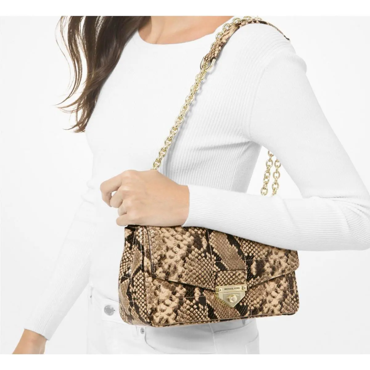 Michael Kors Soho Large Quilted Snake Embossed Leather Shoulder Bag Purse - Handle/Strap: Gold, Hardware: Gold, Exterior: Camel
