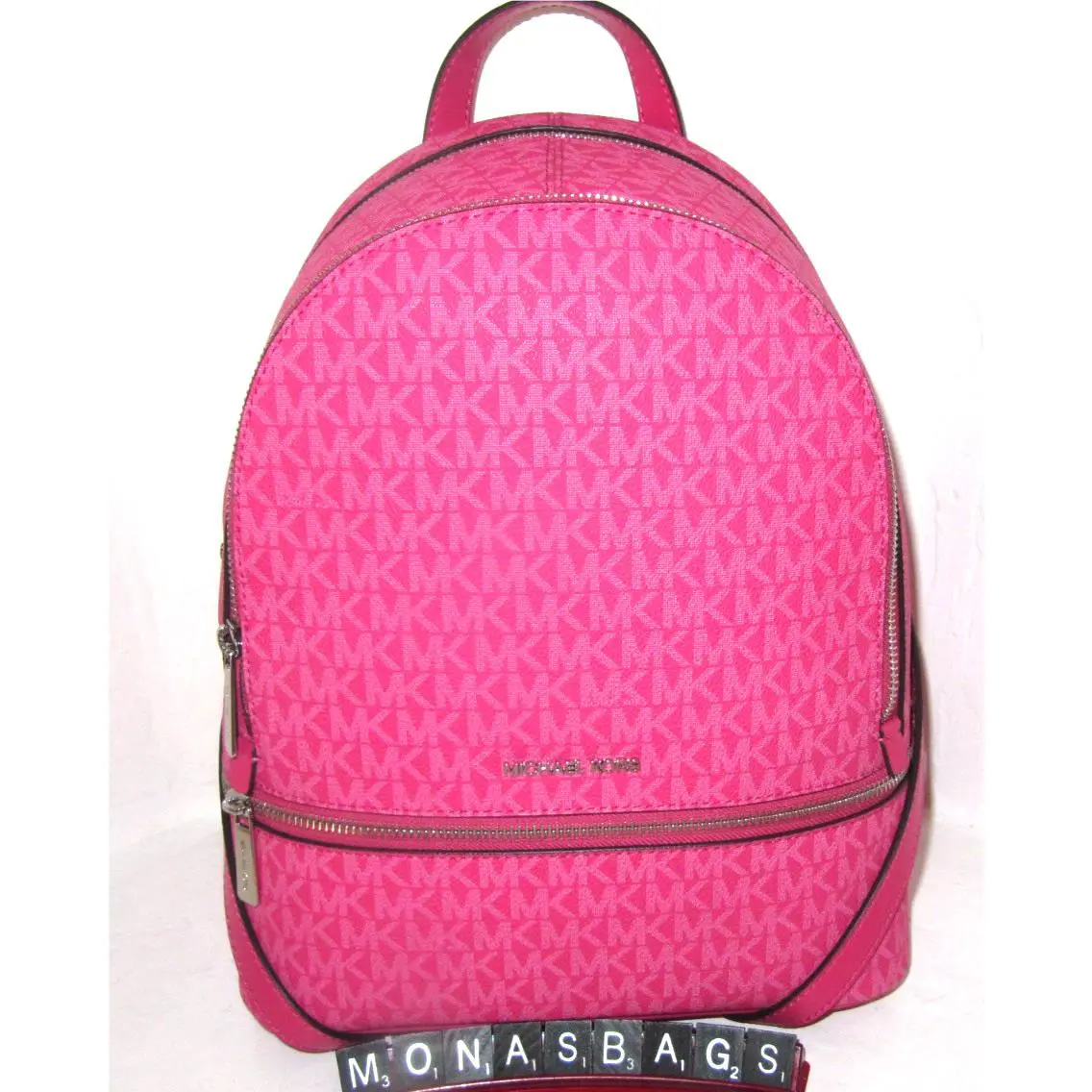 Michael Kors Rhea Medium Zip Dragonfruit Pink Signature Logo Backpack