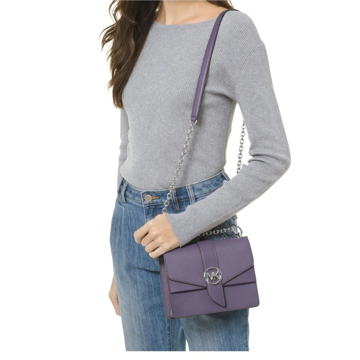 Michael Kors Greenwich Small Leather Convertible Crossbody Orchid Haze Silver - Handle/Strap: orchid, Hardware: Silver, Exterior: Orchid Haze (Purple)