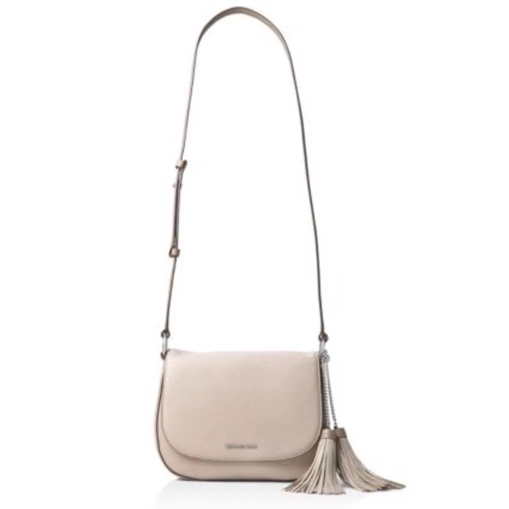 Michael Kors Elyse Saddle Crossbody Messenger Cement Leather Silver