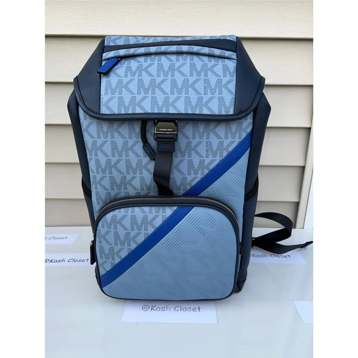Michael Kors Backpack Mens Cooper Embossed Leather Logo Stripe Backpack Chambray