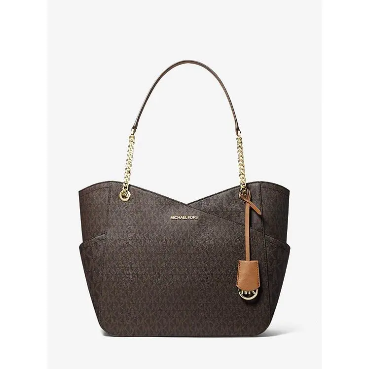 Michael Kors Jet Set Travel Logo Brown Large Shoulder Tote Gold Cha