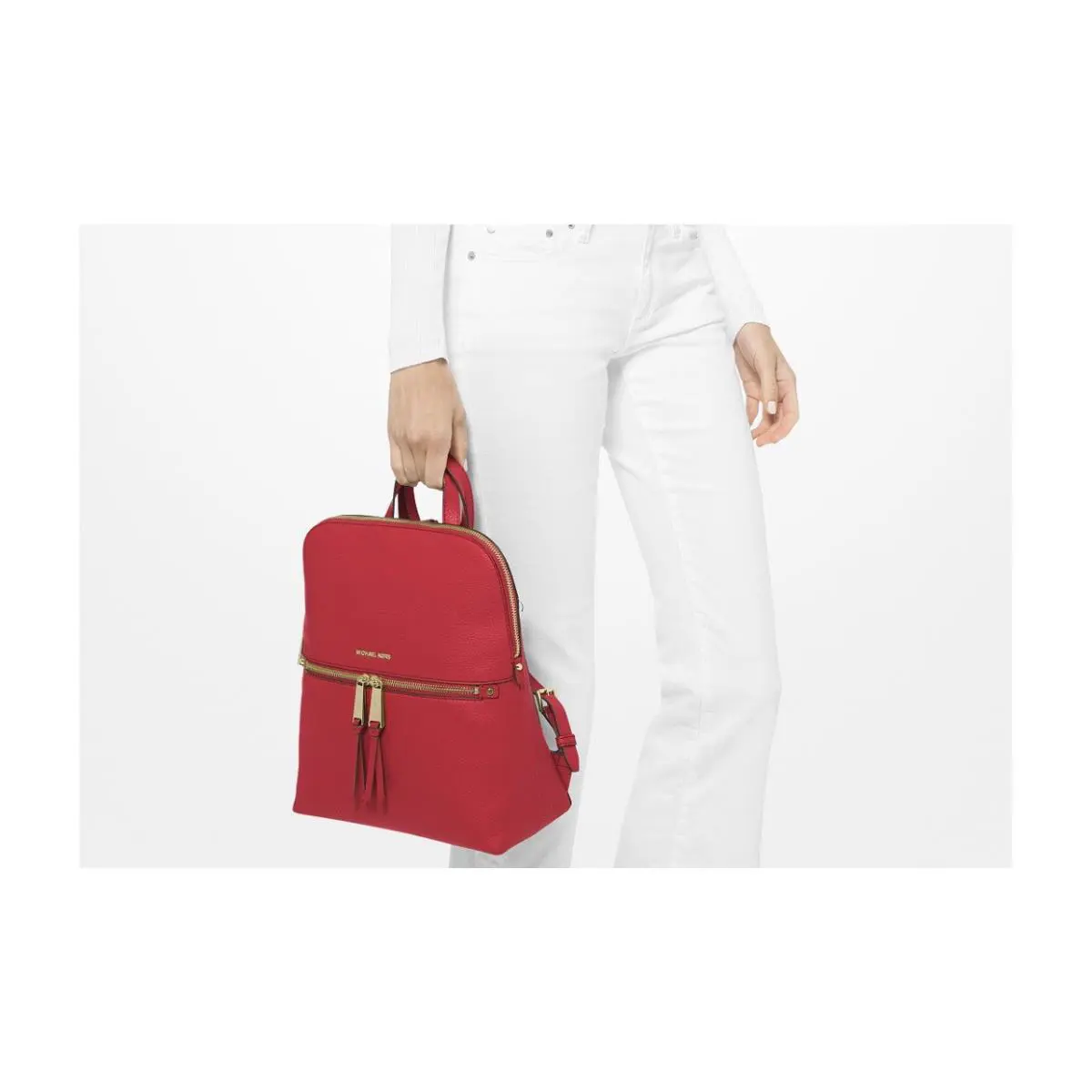 Michael Kors Rhea Medium Pebbled Slim Backpack Bright Red Gold Hardware - Handle/Strap: Red, Hardware: Gold, Exterior: Red