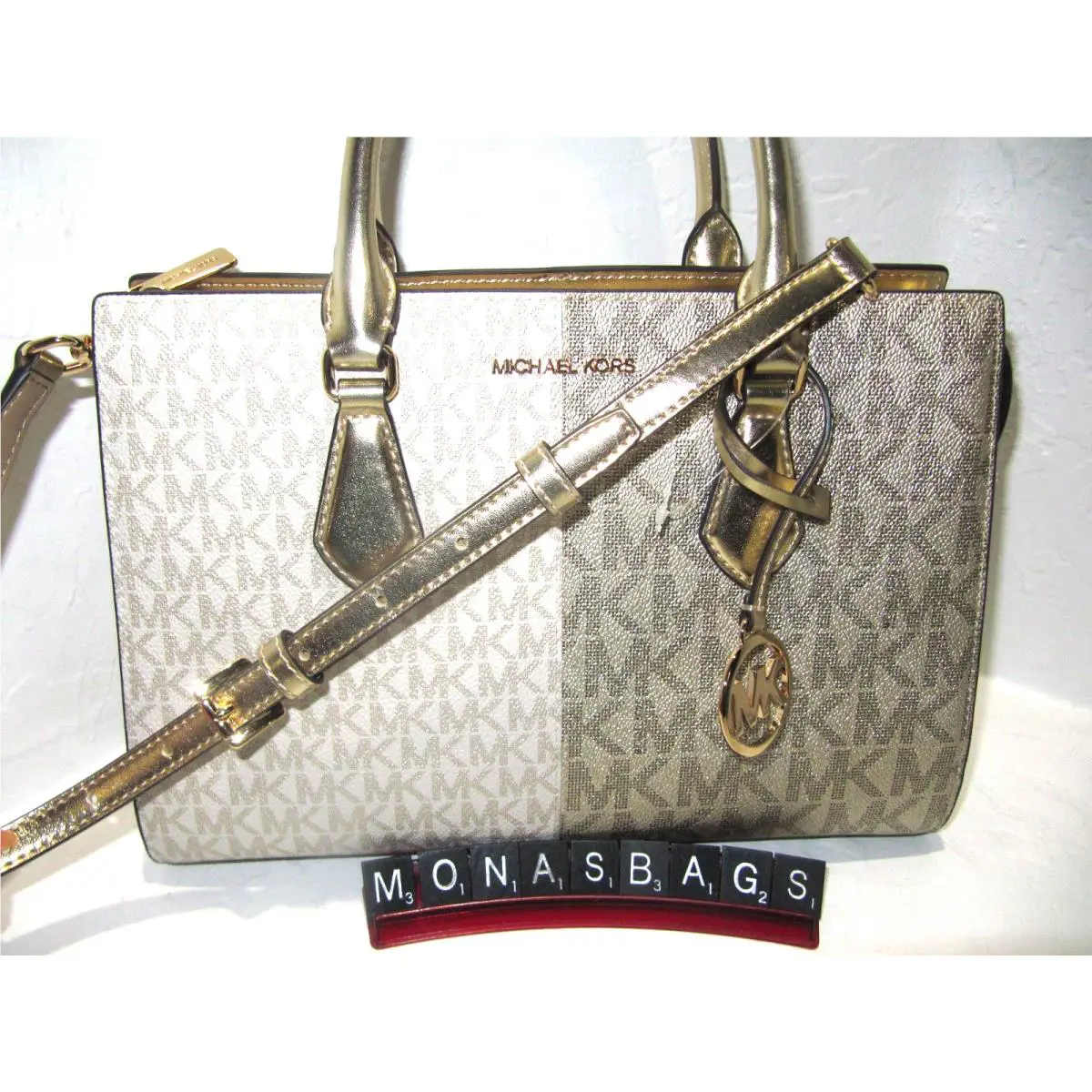 Michael Kors Sheila Medium Signature Logo Pale Gold Metallic Satchel