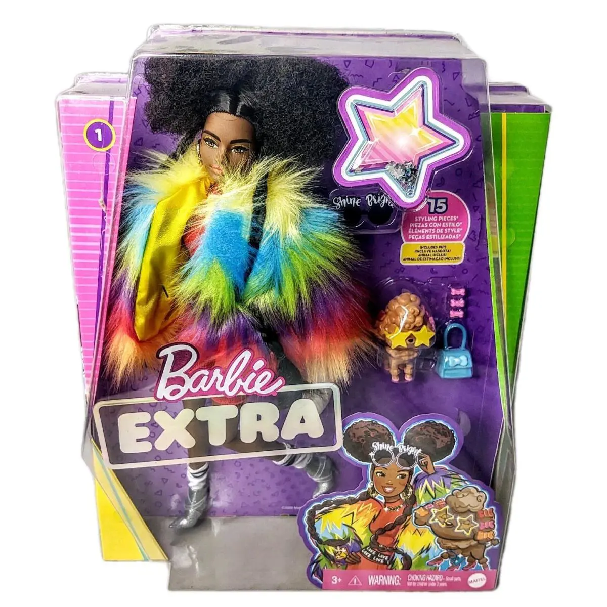 Barbie Extra 1 in Furry Rainbow Coat African American Pet Poodle Doll Set Nrfb