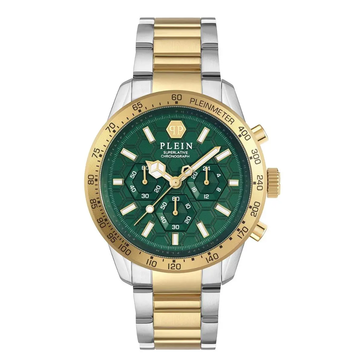 Philipp Plein Two-tone Men`s Chronograph Watch Pleinmeter Watch PWPYA0524 - Dial: Green, Band: Gold, Silver, Bezel: Gold