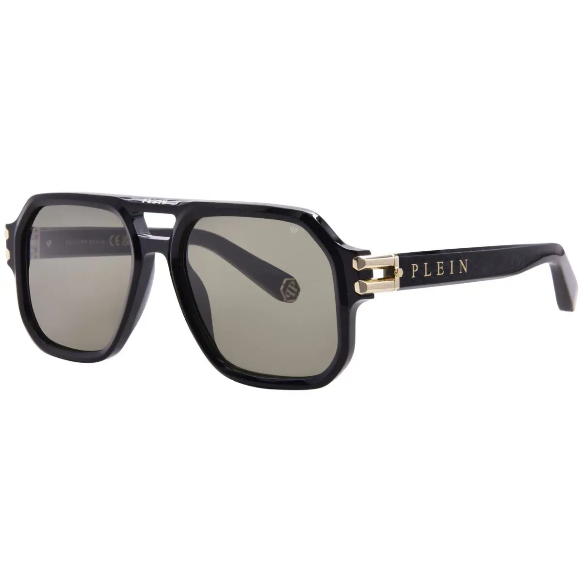Philipp Plein SPP148M 0700 Sunglasses Men`s Shiny Black/green Square Shape 57mm
