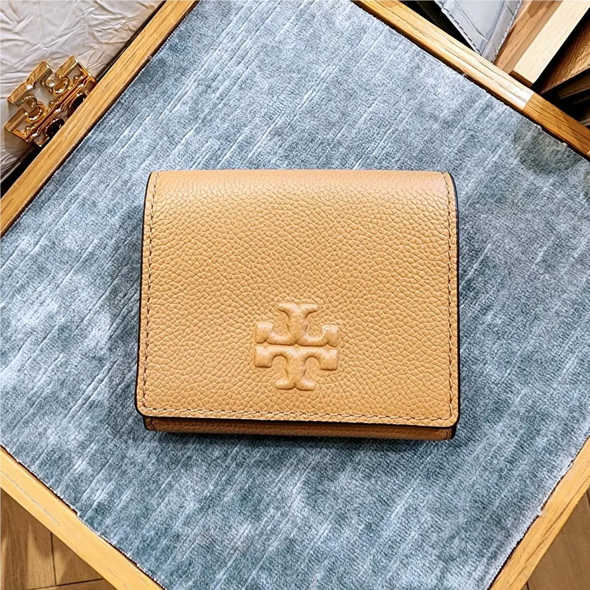 Tory Burch Thea Tiramisu Pebbled Leather Tri-fold Compact Wallet 169967