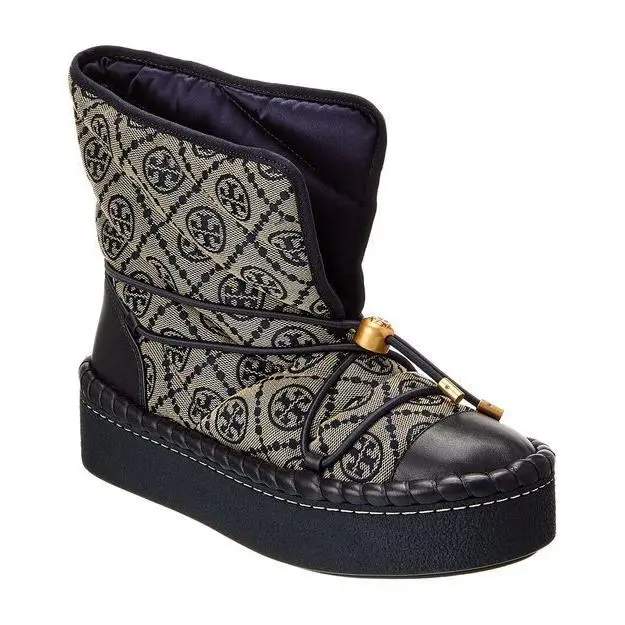 Tory Burch T Monogram Navy Canvas Leather Winter Snow Boots-size 6.5