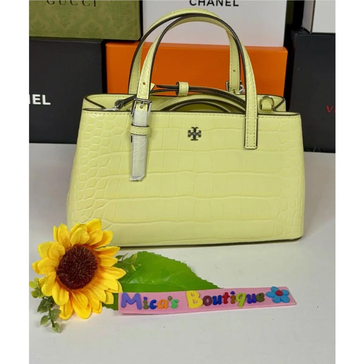 🆕tory Burch Emerson Embossed Mini Leather Tote In Pastel Yellow
