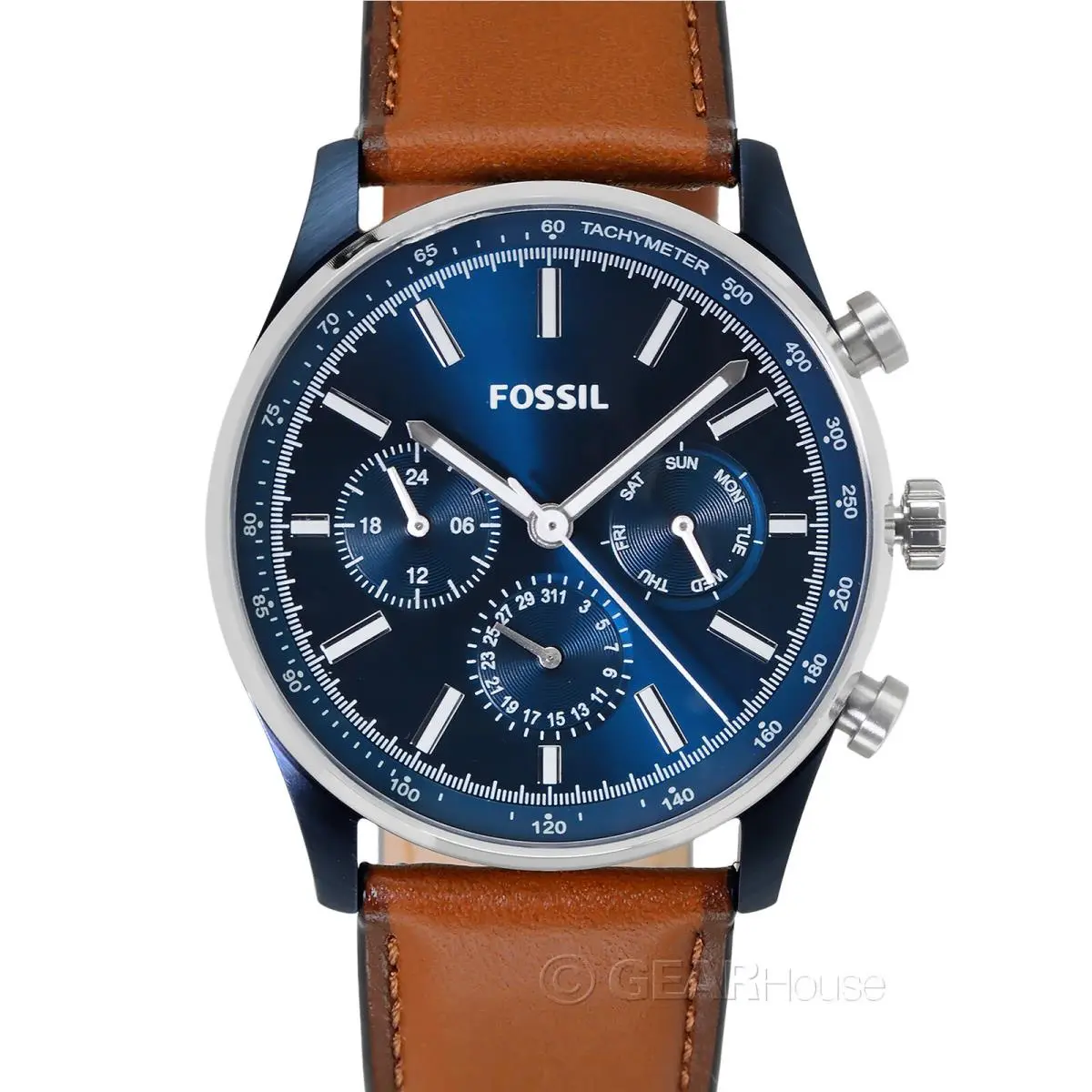 Fossil Sullivan Mens Multifunction Watch Blue Dial Day Date Brown Leather Band