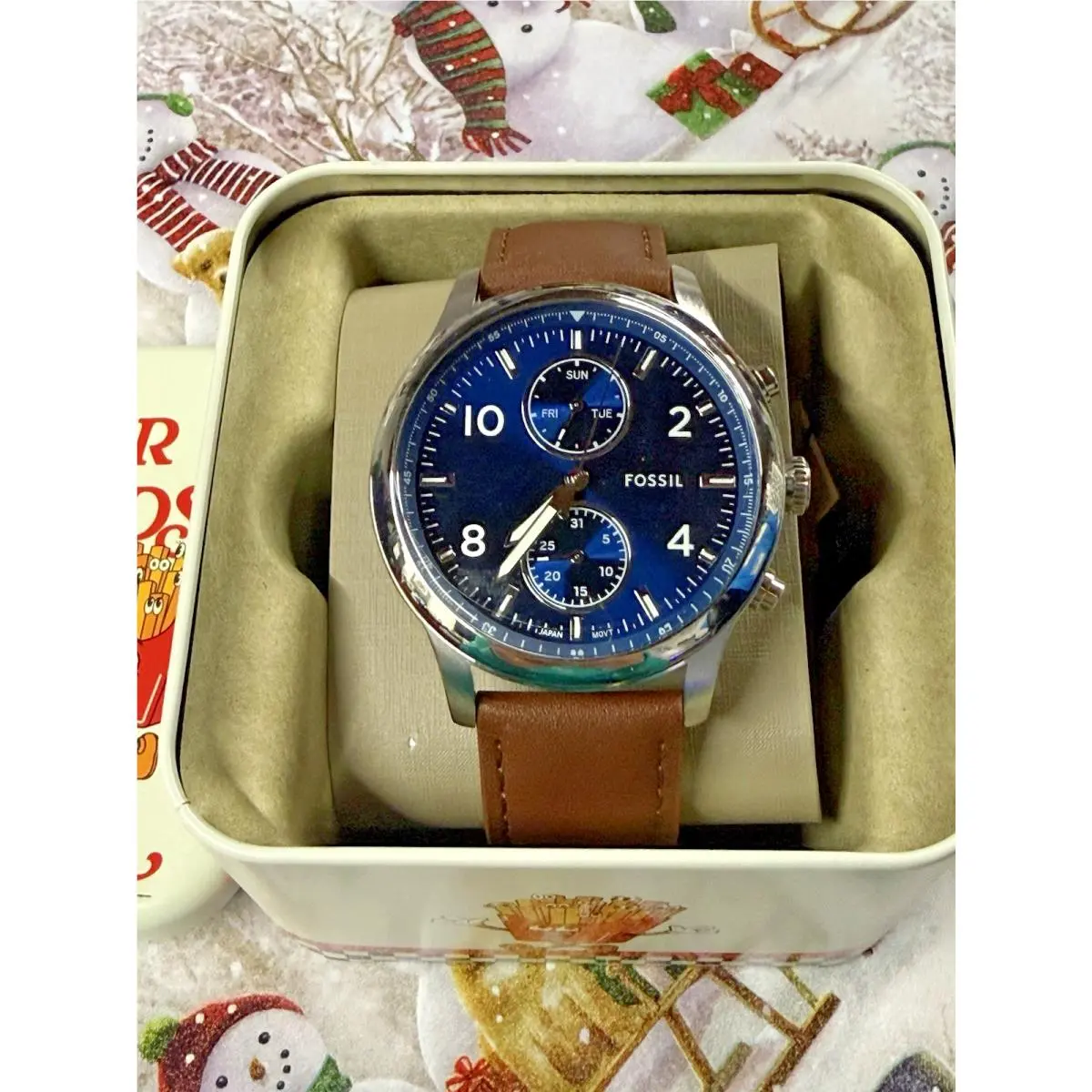 Fossil Bennett Silver Blue Brown Leather Chrono BQM7090 Mens Watch