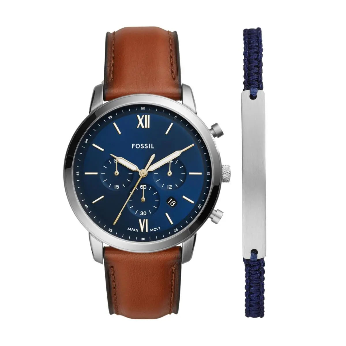 Fossil Men`s Watch and Bracelet Set 44MM Brown Leather/silver/blue Gift Set
