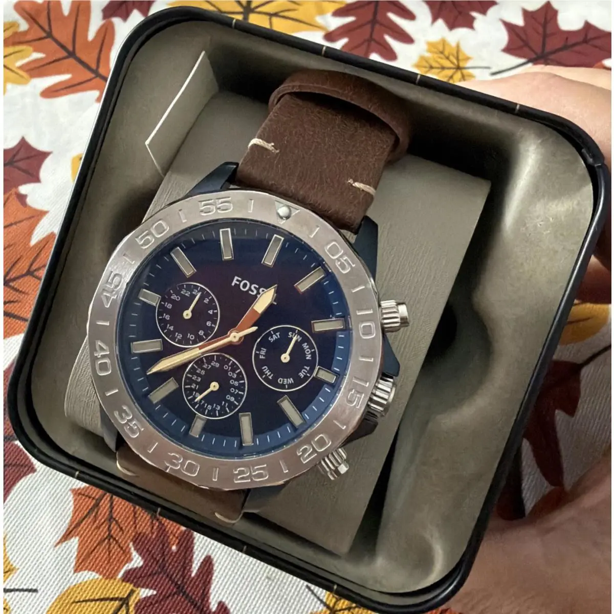 Fossil Blue Dial Brown Leather Strap Choronograph Men`s Watch BQ2692