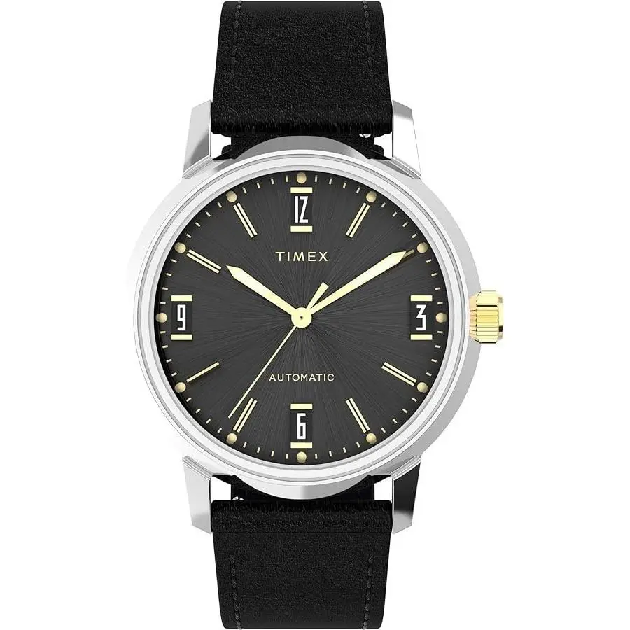 Timex TW2W33900 Men`s Marlin Black Dial Black Leather Band Automatic Watch - Dial: Black, Band: Black, Bezel: Silver