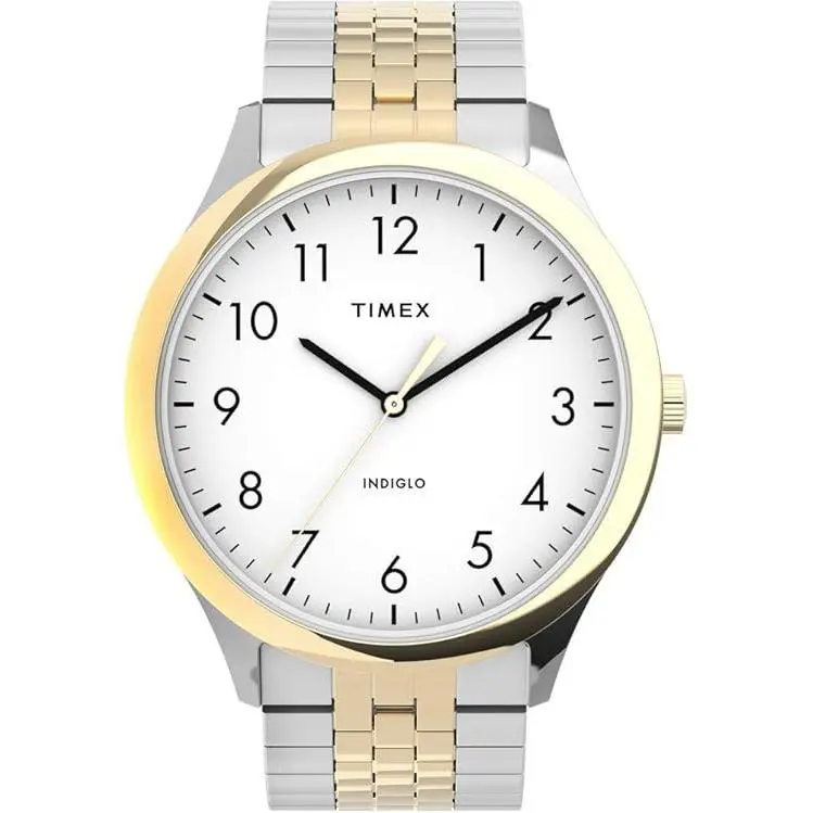 Timex TW2U40000 Men`s Quartz Watch Analog 25mm Case Stainless Steel Strap - Dial: White, Band: Gold, Silver, Bezel: Gold