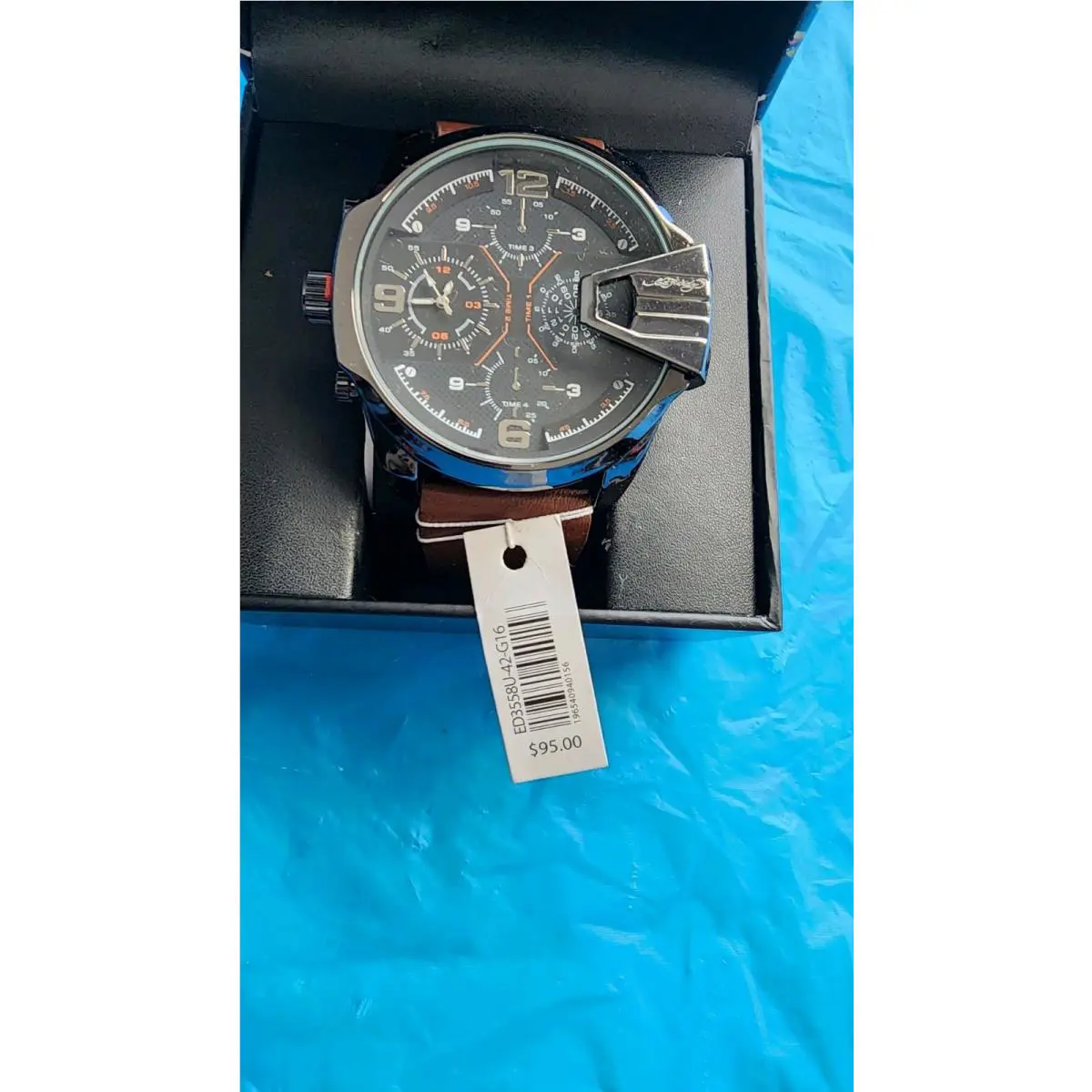 Ed Hard Large Face Men`s Watch with Tan Leather Stripes