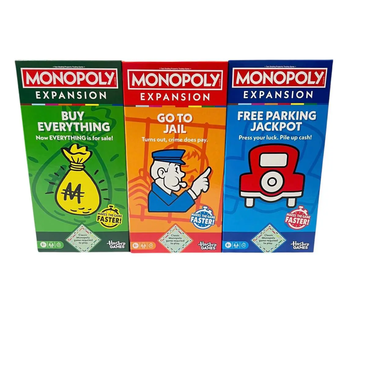 3 Monopoly Expansions Free Parking Jackpot Go to Jail Buy Everything Hasbro