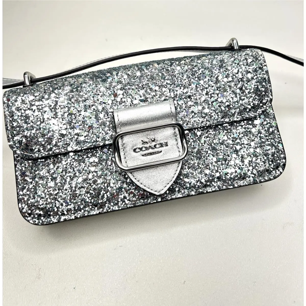Coach Morgan Crossbody / Clutch Bag in Silver Glitter Leather CO925