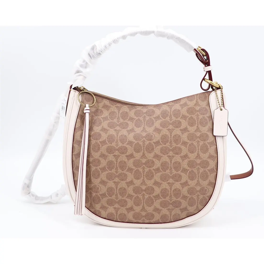 Coach Sutton Signature Canvas and Leather Shoulder Bag Tan Chalk
