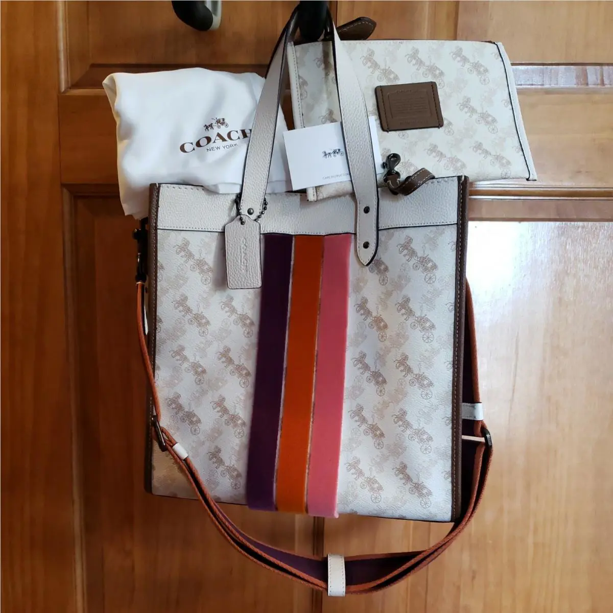89145 Coach Carriage Print Varsity Stripe Field Tote Shoulder Bag