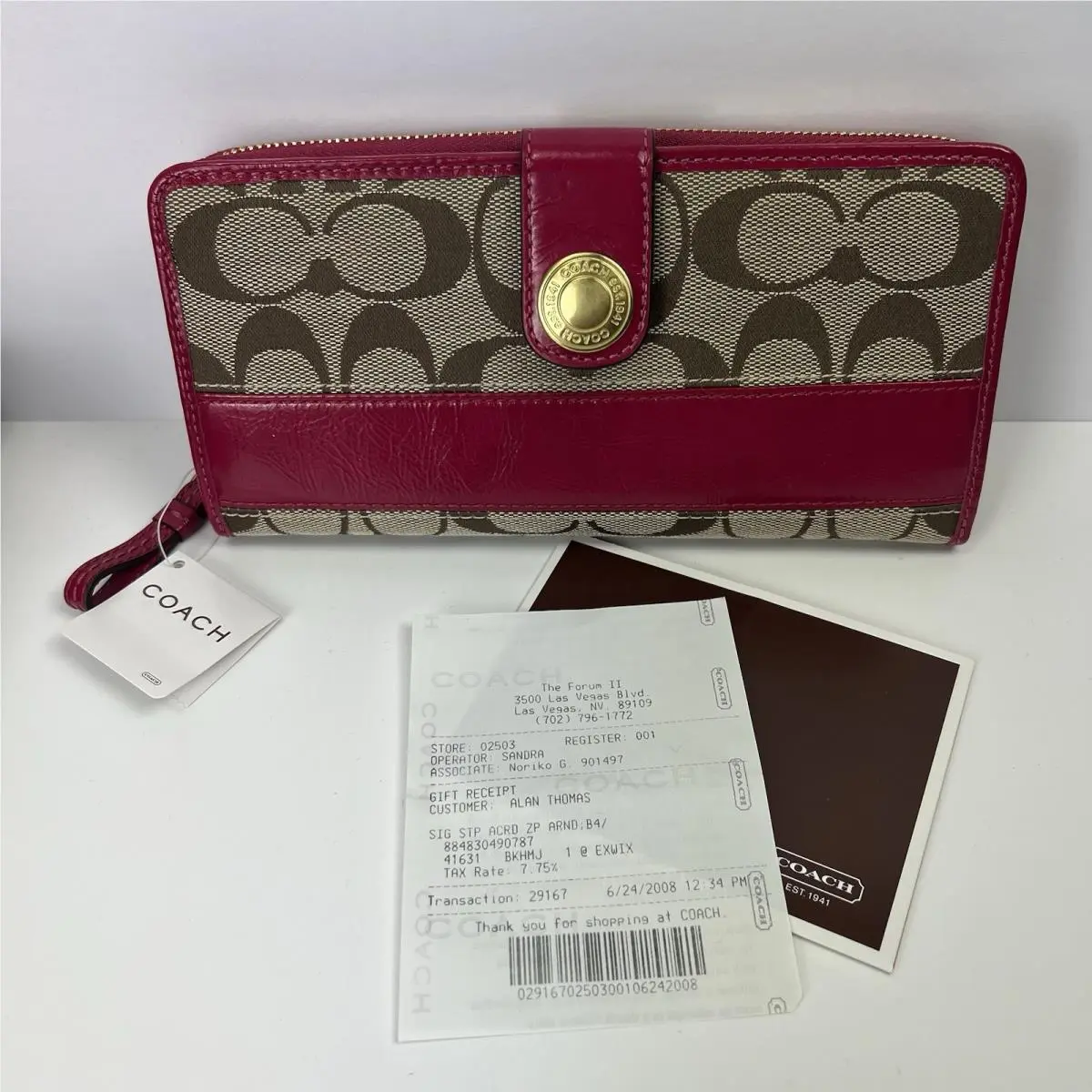 Coach Legacy Signature Fuchsia Stripe Zip Around Accordion Long Wallet