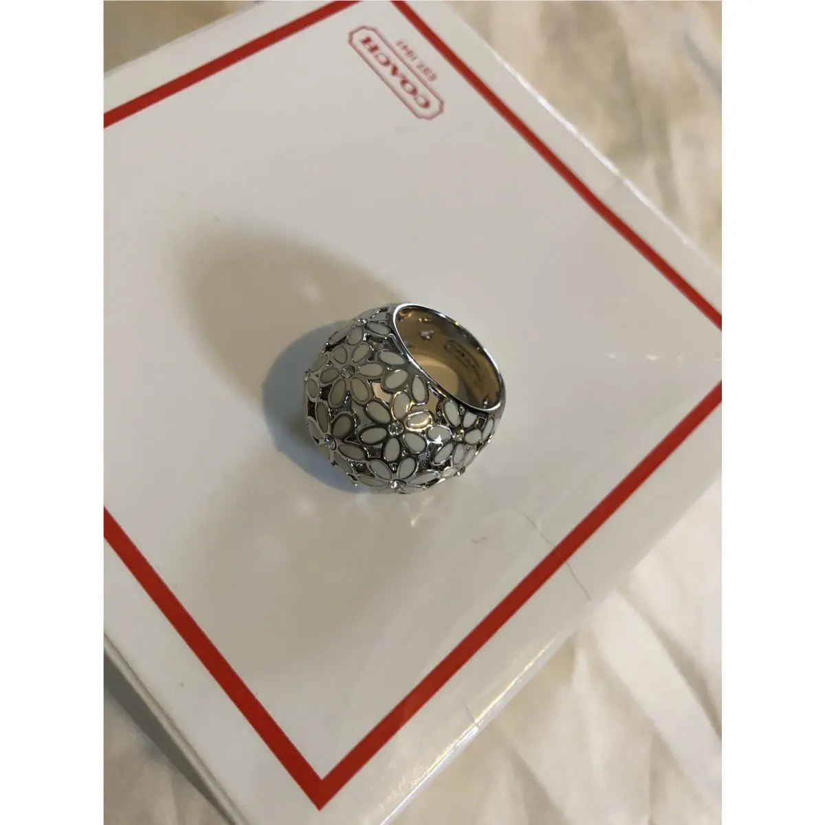 Coach Flower Domed Fashion Right Hand Ring 96060 Silver White Size 6