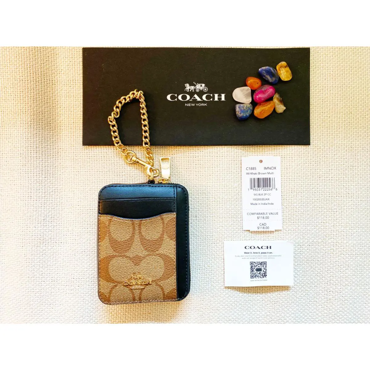 Coach Corner Zip Card Case Clip In Blocked Khaki/brown Canvas Leather C1885