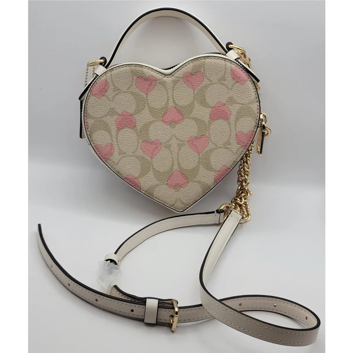 Coach Heart Crossbody Bag Womens Light Khaki Chalk Pink Signature Canvas CP021