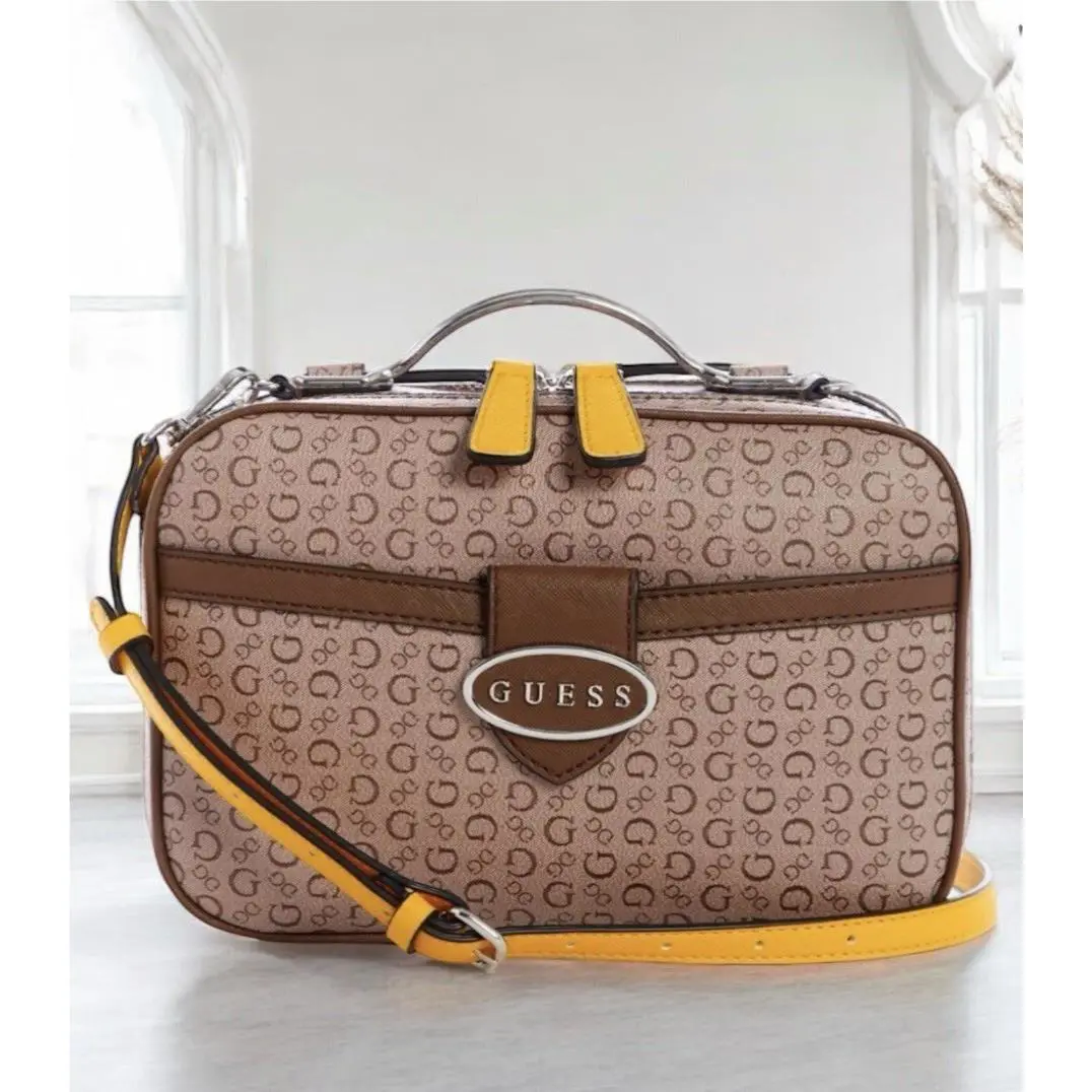 Guess Millville Large Crossbody Bag Zip Camera In Signature Caramel Yellow
