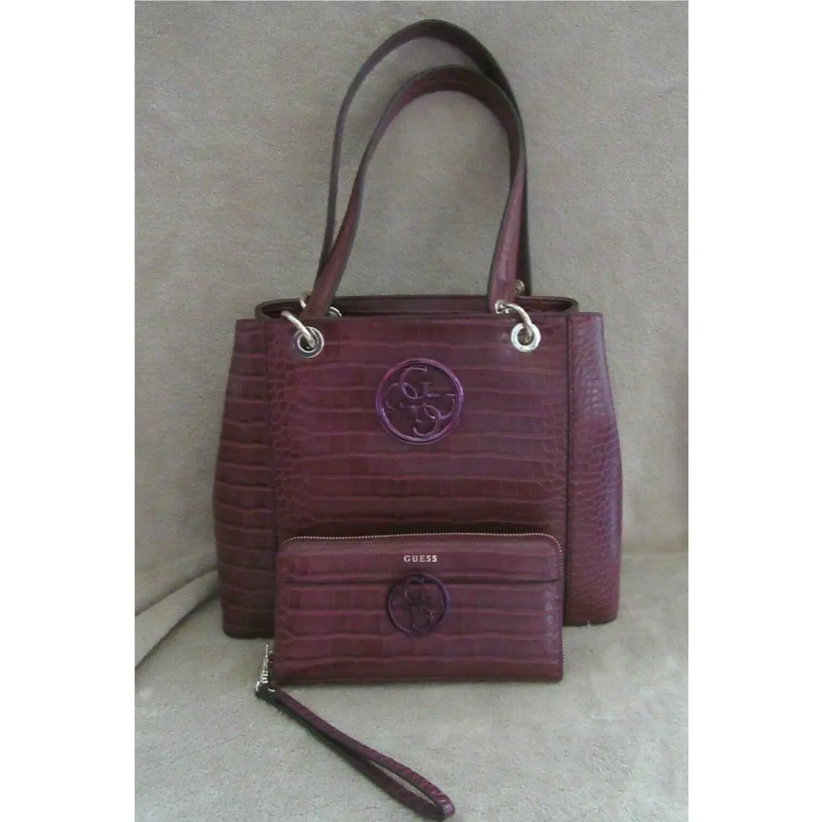 Guess CC669136 Kamryn Burgundy Croc-embossed Shopper Handbag Purse Wallet