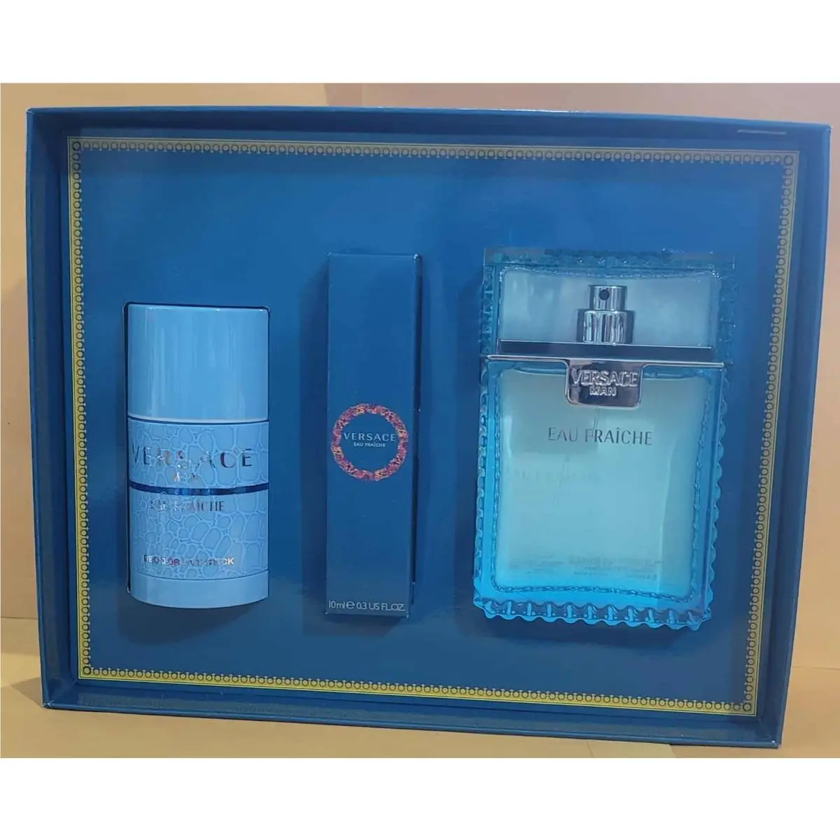 Versace Eau Fraiche 3 Pcs Gift Set 3.4oz Edt Spray 10ml Spray 2.5 oz Deodorant