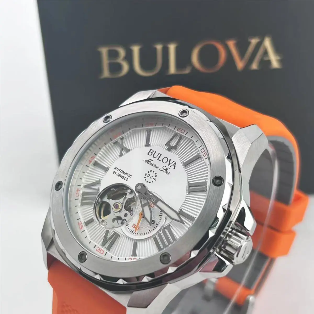 Bulova Marine Star Men`s Automatic Watch White Dial Orange Rubber Strap 98A226