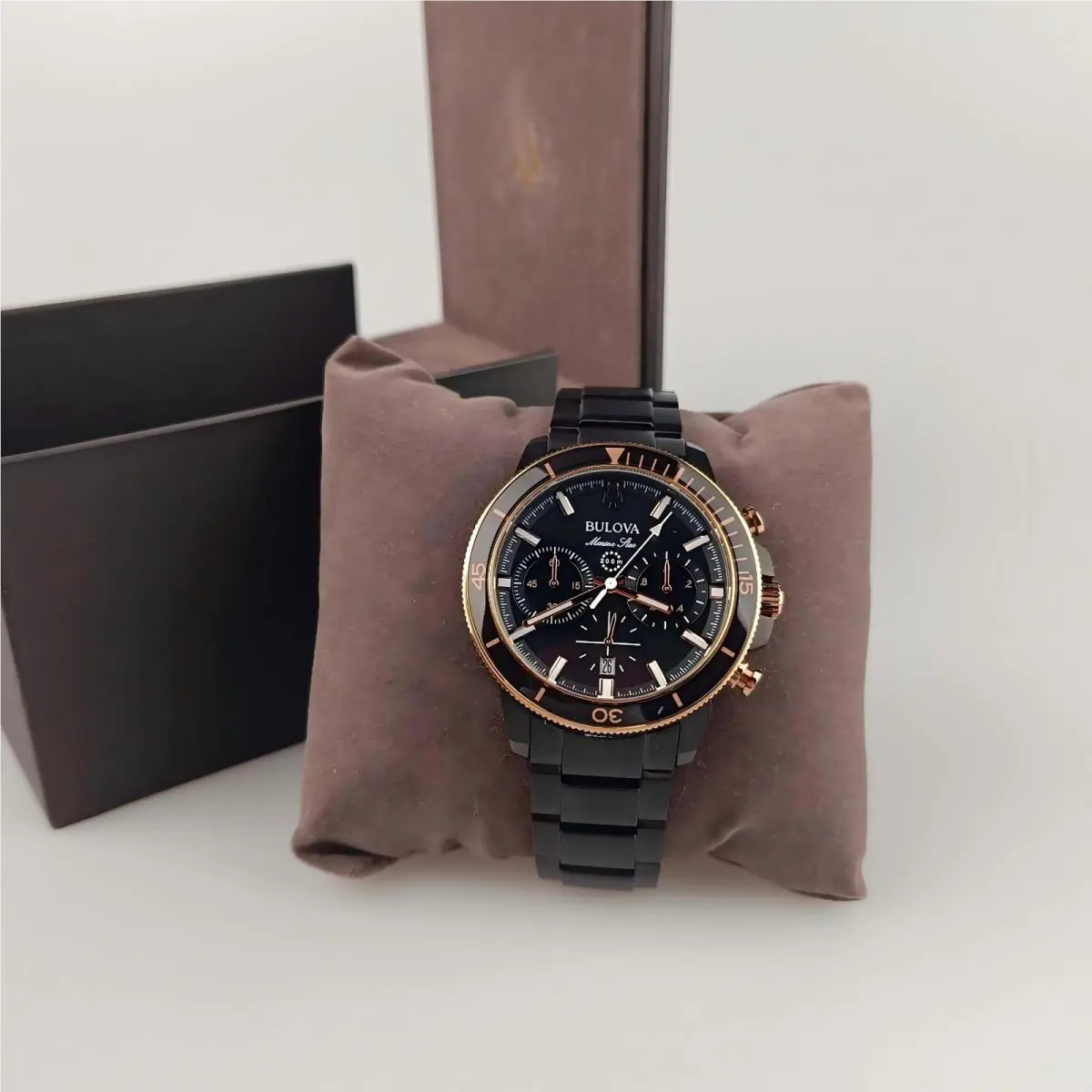 Bulova Marine Star 98B302 Men’s Chronograph Black Dial Rose Gold Bezel Watch