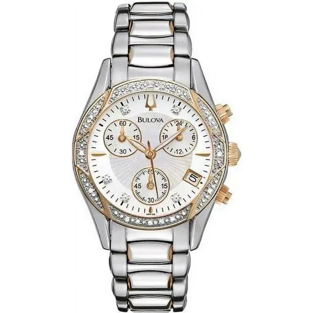Bulova 98R149 Anabar 21 Diamonds Mother-of-pearl Dial Chronograph Watch - Dial: Mother-of-pearl, Band: Silver & Rose Gold Tone