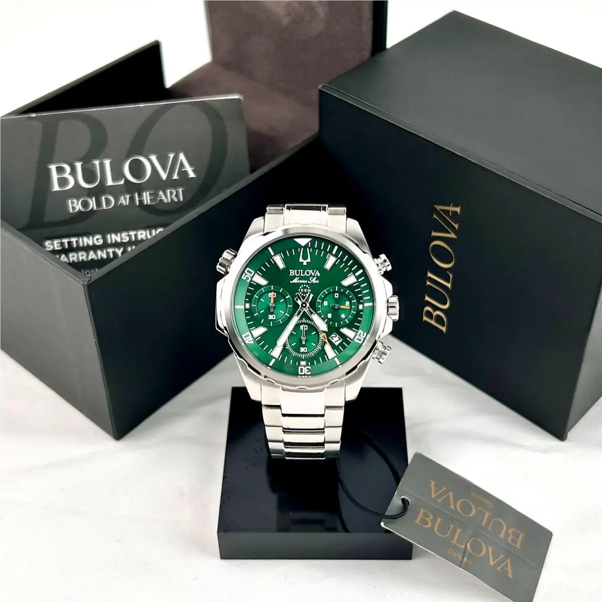 Bulova Marine Star Green Dial Chronograph Men`s Quartz Watch 43mm 96B396