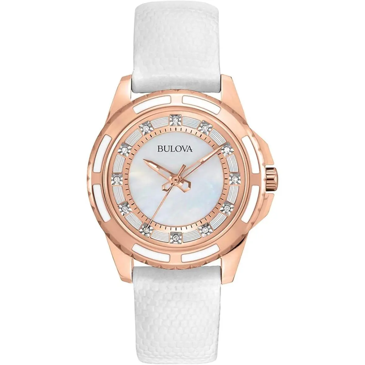 Bulova 98P119 Diamond Mother-of-pearl White Leather Rose Gold Women`s Watch