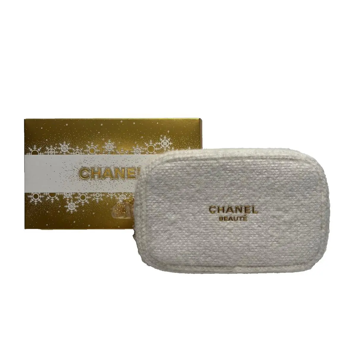 Chanel White Tweed Cosmetic Makeup Bag Pouch Large 8”x 5 Metallic Holiday 2024