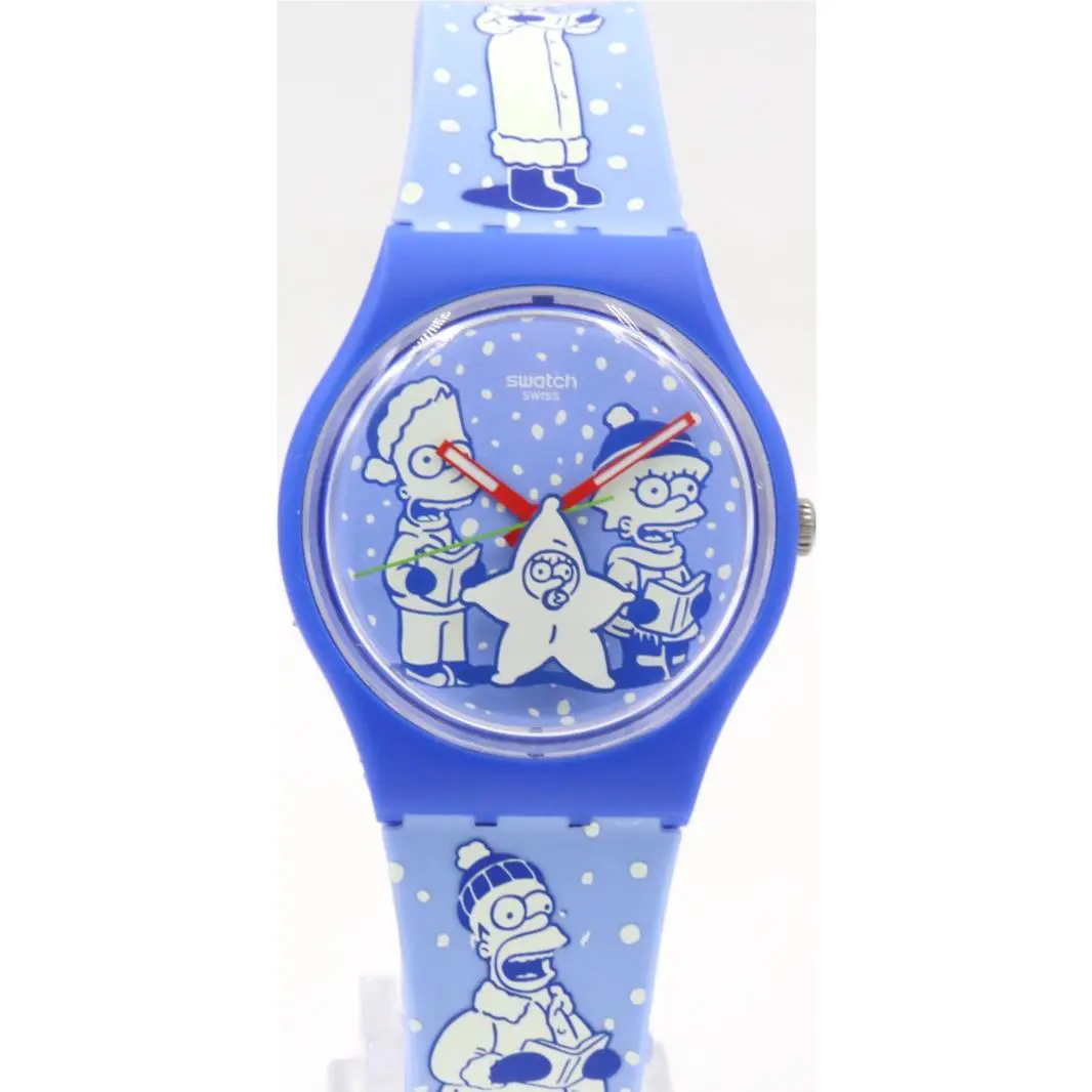 Swiss Swatch The Simpsons Tidings OF Joy Blue Silicone Watch 34mm SO28Z126
