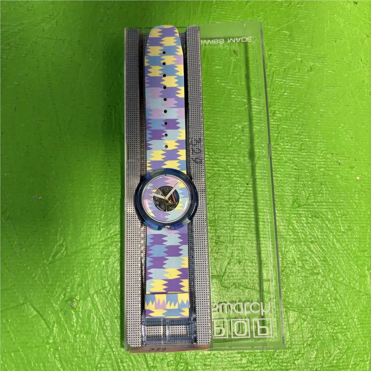 Swatch Pop Swatch Watch Swiss Made Skeleton Dial Blue Case Ikat Strap
