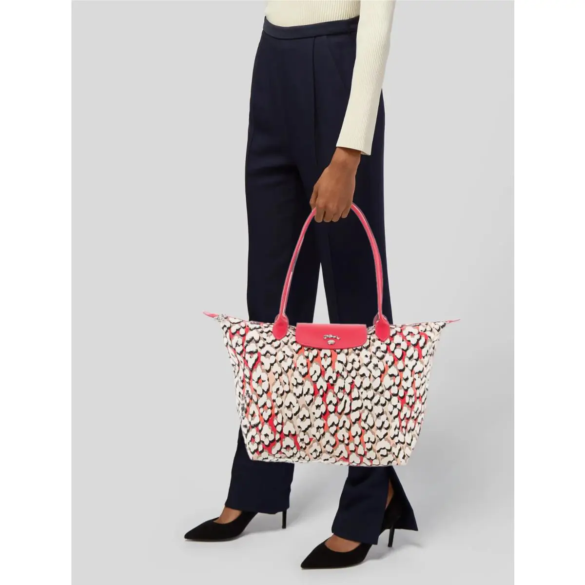 Longchamp Leopard Flourish Scott Coral Panther Pink Large Bag Handbag Purse
