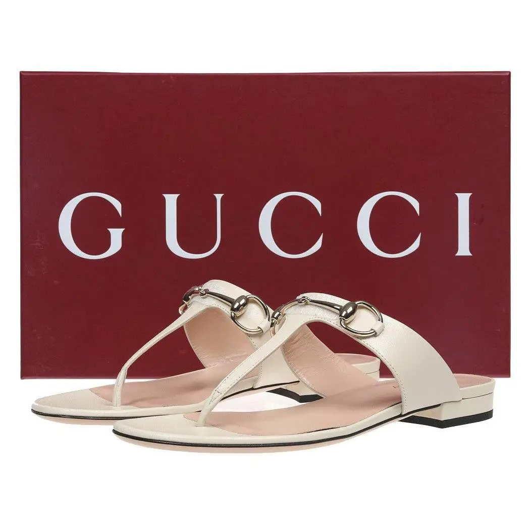 Gucci Luxury Leather Ivory Interlocking Thong Flat Sandals Shoes 40/US 10 - IVORY