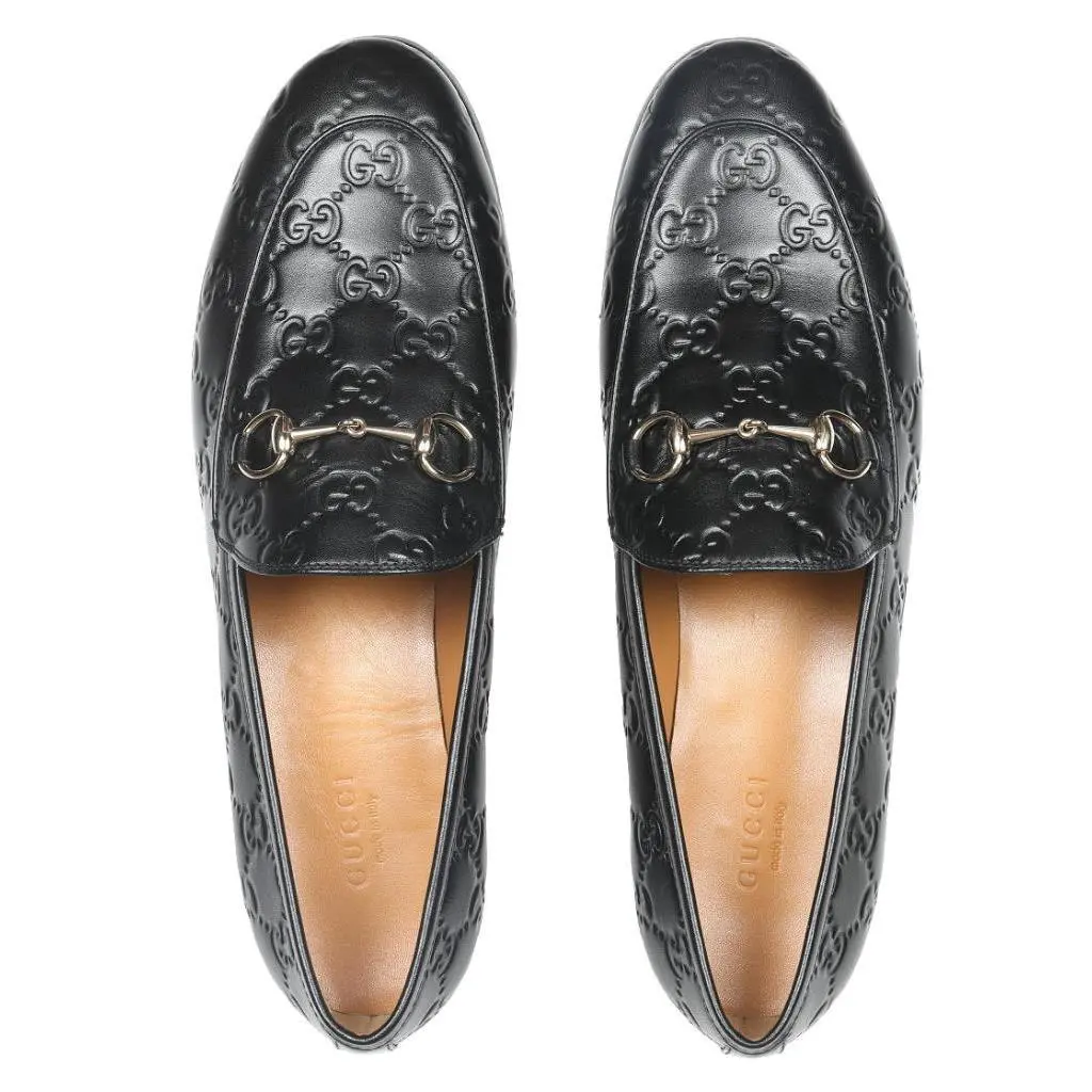 Gucci Luxury Black Leather Ladies GG Loafers Shoes 38.5/US 8.5