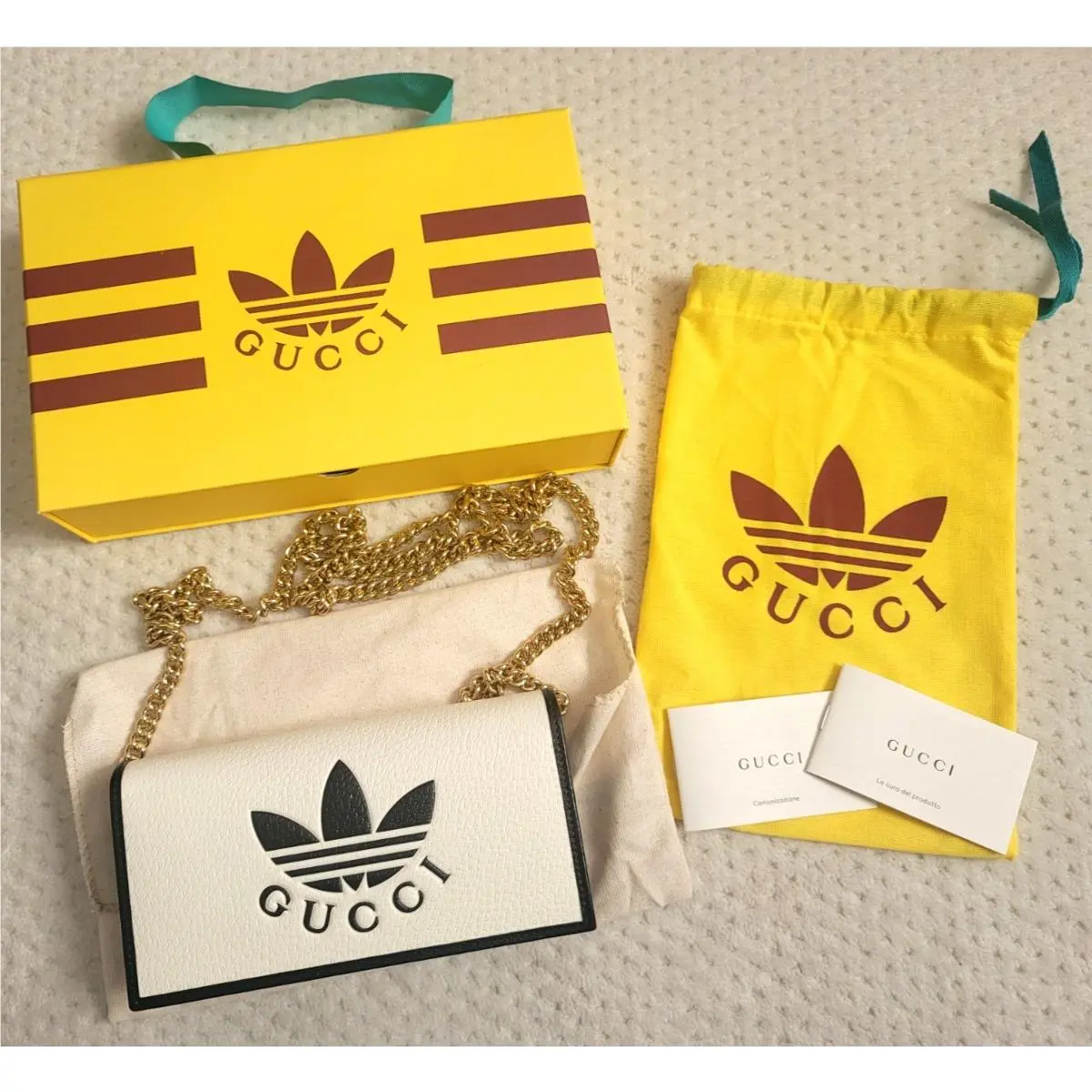 x Adidas Wallet on Chain Clutch White Black Leather by Gucci