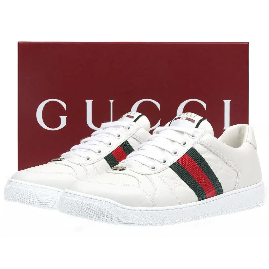 Gucci Ladies Screener White GG Leather Web Logo Sneakers Shoes 40/US 10