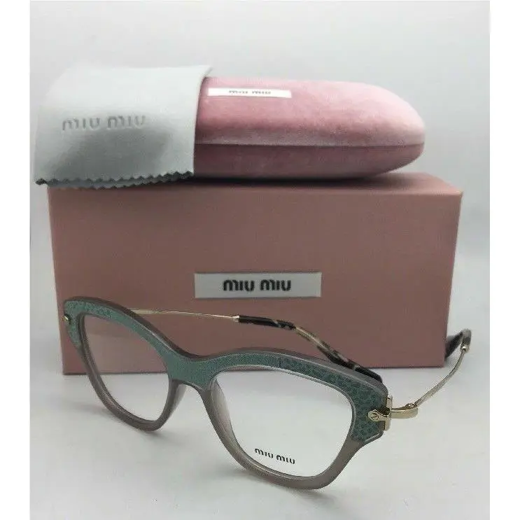 Miu Miu Eyeglasses Vmu 07O U6S-1O1 52-17 Gold Grey Teal Leather Cat Eye Frames